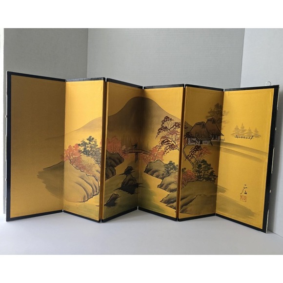 Other - Vintage Japanese Miniature Byobu Folding Screen Gold Leaf Landscape Art Nizan